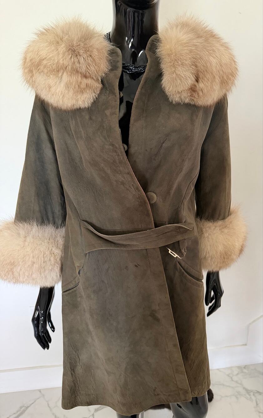 Vintage Genuine Suede Coat Natural Fur Collar Cuffs Olive Green 60s 70s
